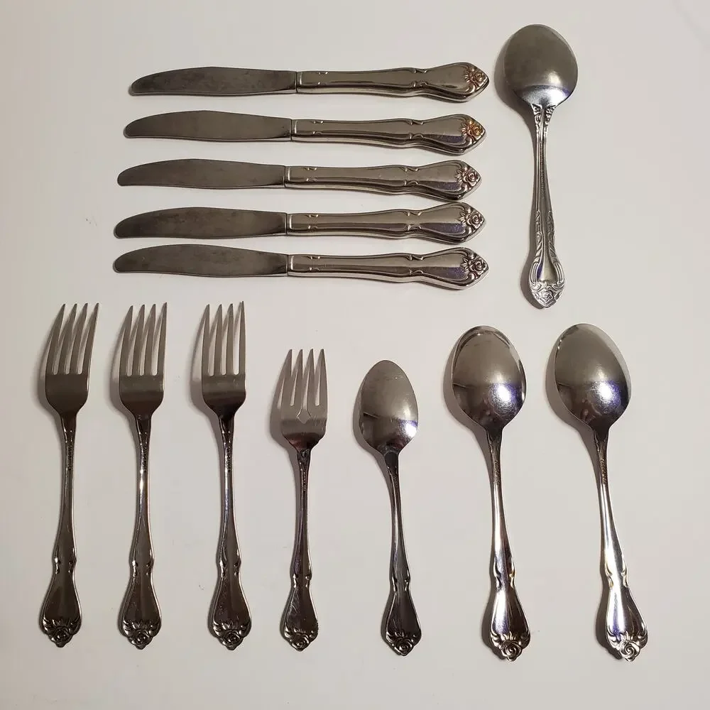 Vintage 1881 Rogers Oneida Mixed Lot Arbor True Rose Stainless Flatware 13 Piece